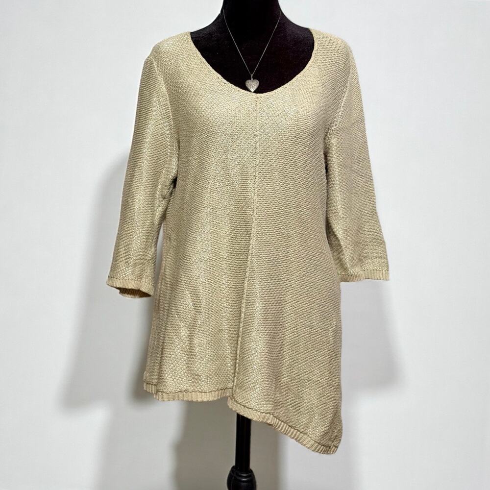 CHICO’S Heidi Knit Sweater Khaki 3/4 Sleeve Asymmetrical Silver Gold Size 1 M 8